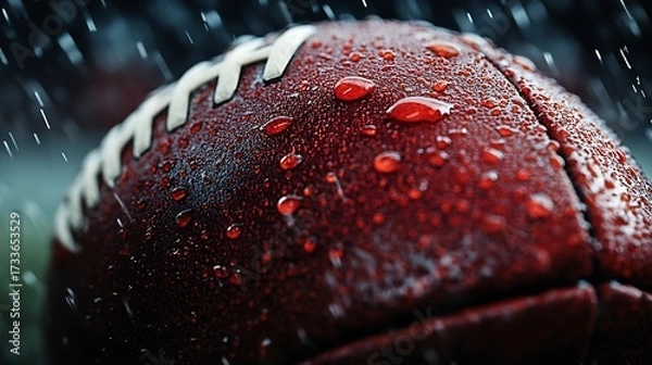 Obraz Close up of football with rain drops on surface creating dramatic sports background. Sports concept
