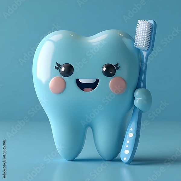 Obraz Blue tooth cartoon character with toothbrush and cheerful face in fun dental health illustration. Health concept
