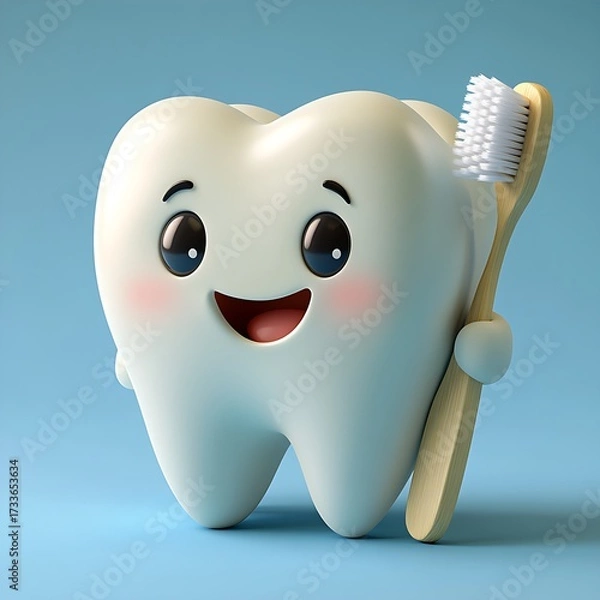 Obraz Cute tooth cartoon character holding toothbrush with happy smiling face in playful dental illustration. Health concept
