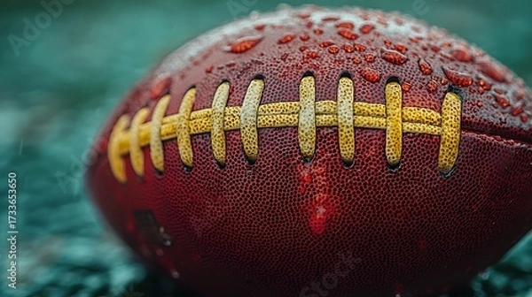 Obraz Football close up with water drops on surface creating dramatic sports background. Sports concept

