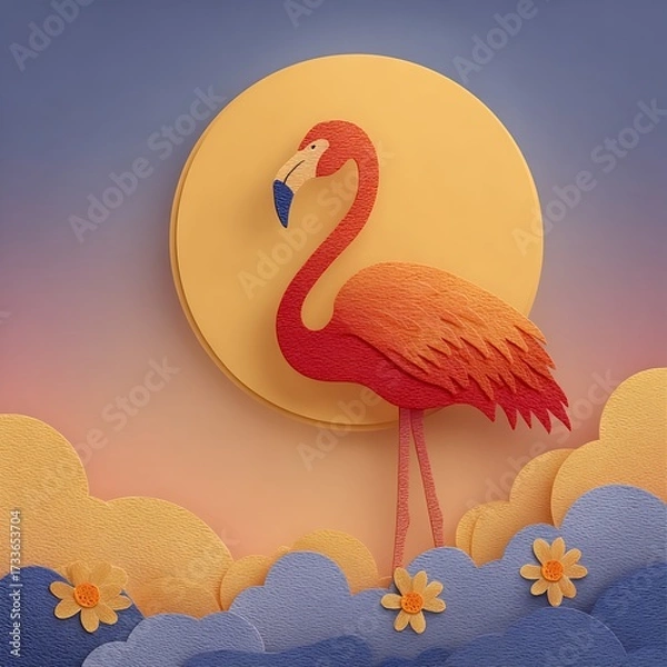 Obraz A flamingo illustration standing under glowing moon with colorful clouds and flowers in layered paper style. Nature concept
