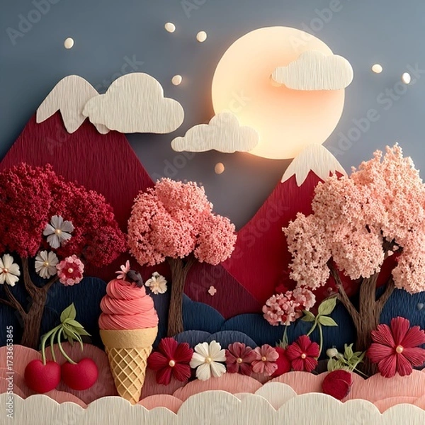 Obraz Fantasy landscape with ice cream cone, cherry blossoms, mountains, and glowing moon in surreal layered design. Food concept
