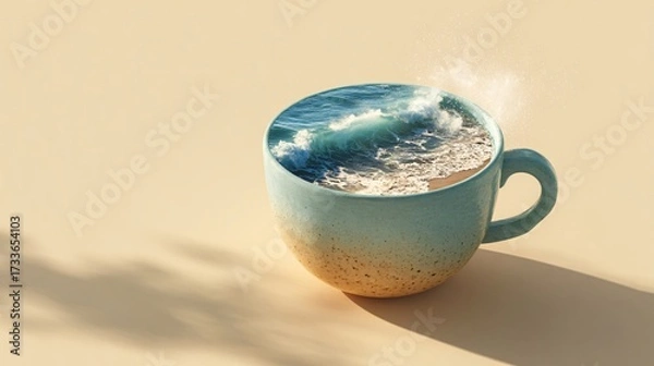 Fototapeta Coffee cup filled with ocean waves and sea foam, surreal creative artwork concept symbolizing imagination, freshness, relaxation, fantasy, lifestyle and modern design