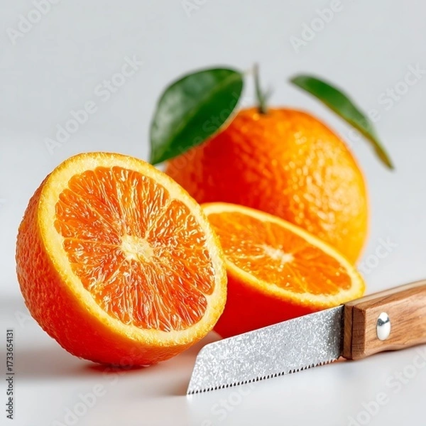 Obraz Fresh whole and sliced oranges with green leaves and knife on white background in clean minimal composition. Food concept
