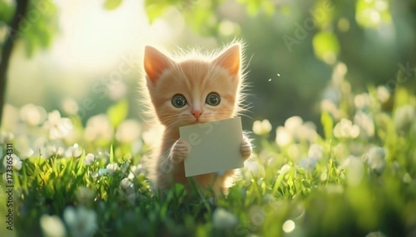 Fototapeta Adorable kitten holding blank paper while sitting on green grass in sunny meadow, cute animal concept symbolizing innocence, childhood, playfulness and nature love