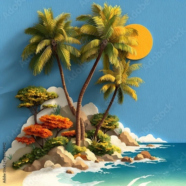Obraz Scenic tropical island with palm trees, rocks, colorful foliage, sandy beach, and bright sun in layered paper art design. Travel concept
