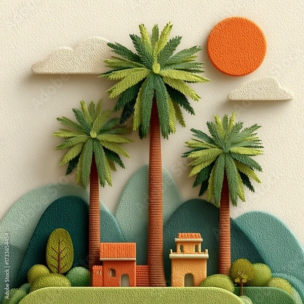 Obraz Palm trees standing behind small traditional houses with sun and clouds in colorful layered paper illustration. Nature concept
