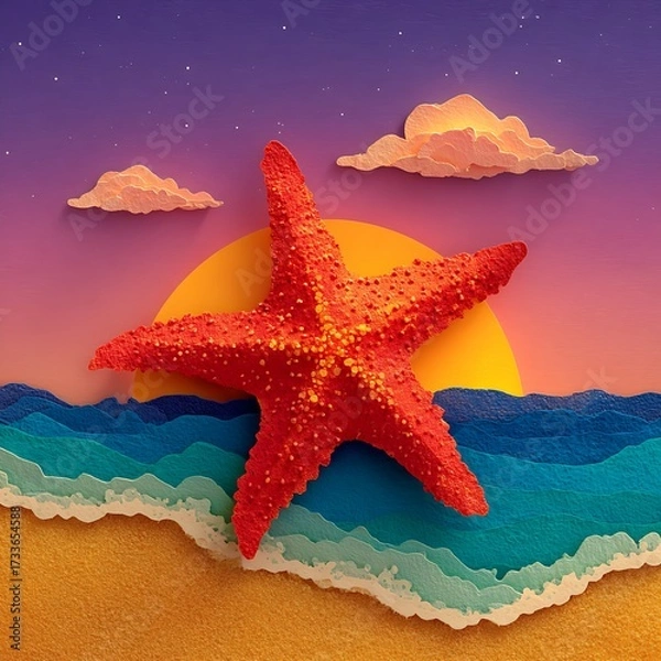Obraz Red starfish illustration on sandy beach with ocean waves and sunset sky in colorful layered paper design. Nature concept
