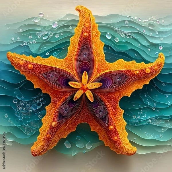 Obraz Orange starfish illustration with detailed paper layered texture placed on blue ocean water background in creative decorative design. Nature concept
