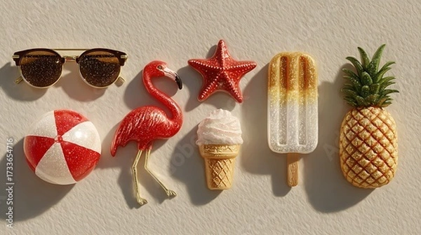 Obraz Collection of summer icons including flamingo, sunglasses, pineapple, popsicle, ice cream, beach ball, and starfish in playful decorative design. Travel concept
