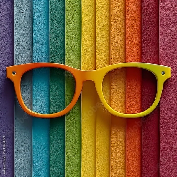 Obraz Bright rainbow striped background with yellow orange sunglasses frame in colorful abstract artistic composition. Abstract concept
