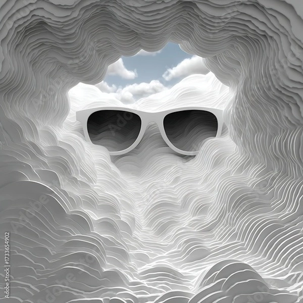 Obraz Sunglasses silhouette appearing in layered white paper landscape with clouds and bright sky visible through cutout. Abstract concept
