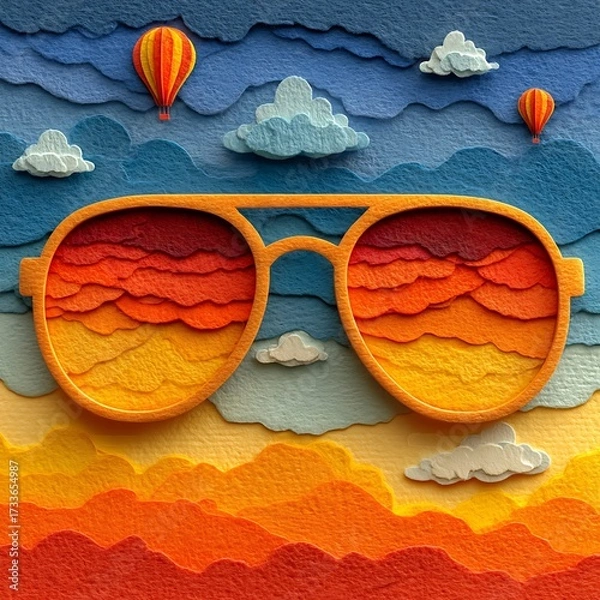 Obraz Creative sunglasses design featuring layered orange sunset sky pattern with clouds and hot air balloons in abstract artistic composition. Abstract concept
