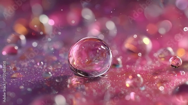 Fototapeta A magnified water droplet reveals a mesmerizing dance of air bubbles, shimmering against a vibrant pink and violet backdrop with cinematic light