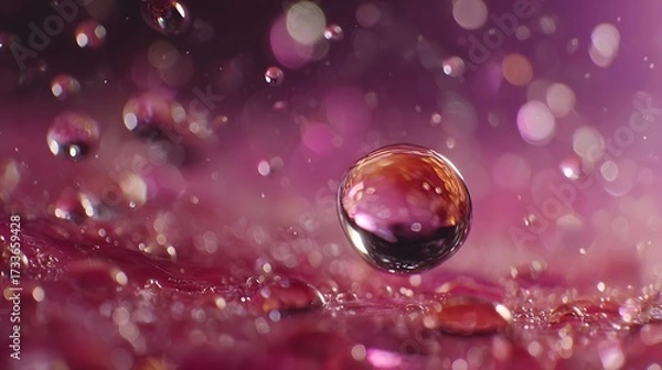 Fototapeta Close-up view of a water droplet containing air bubbles, shimmering against a vibrant pink and violet backdrop with dynamic light effects.