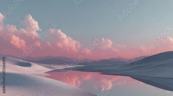 Fototapeta Surreal landscape with smooth, undulating hills, a still pool reflecting pastel sky and pink mountains under cinematic lightning.