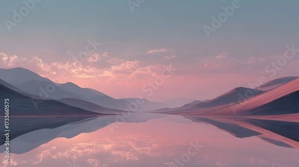 Fototapeta Surreal landscape with smooth, undulating hills in muted grays, a pool reflecting pastel sky and pink mountains with lightning.