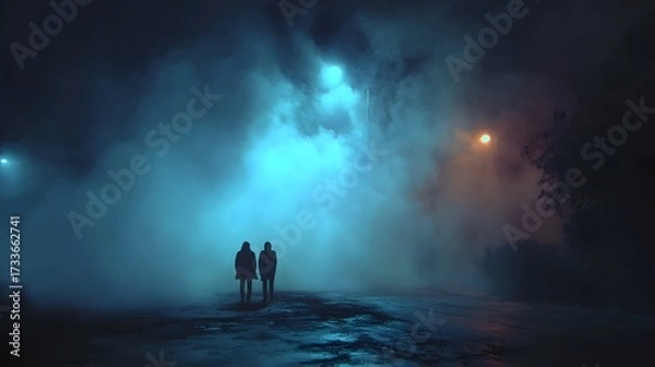 Fototapeta Abstract blue silhouettes create a dreamlike atmosphere in a dark, cinematically lit environment with ethereal glow.