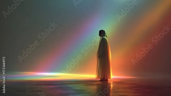 Fototapeta A blurred silhouette is illuminated by vibrant rainbow prism light creating an ethereal and dynamic atmosphere.