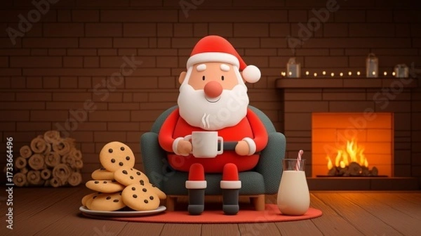 Fototapeta A jovial figure, seated before a roaring fireplace, extends the hand of holiday joy, surrounded by cookies and a warm beverage, ready for the season's warm embrace.Generative ai illustration