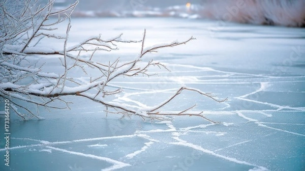 Fototapeta Frozen Lake Landscape with Snowy Branch Capturing Winter's Chill at Dusk a Tranquil Scenery of Nature's Icy Beauty and Serene Winter Ambiance