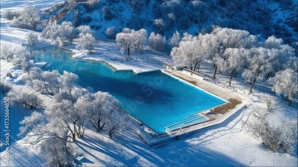 Fototapeta Serene aerial vista captures the allure of a blue pool amidst the snowy landscape frosty tree branches