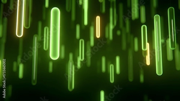 Fototapeta Bright, abstract beams of light emerge from glowing cylindrical forms against a lush green background, evoking a cinematic and energetic visual