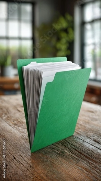 Fototapeta Green Folder with White Sheets on Rustic Wooden Surface