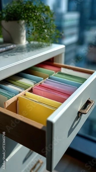 Fototapeta Organize Documents in White Cabinet Drawer with Pastel Folders