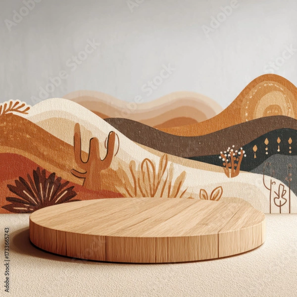 Fototapeta Desert stage: A circular wooden stage is the focal point, with a minimalist desert-themed backdrop of painted stylized dunes and cacti, presenting a stage for showcasing products. 