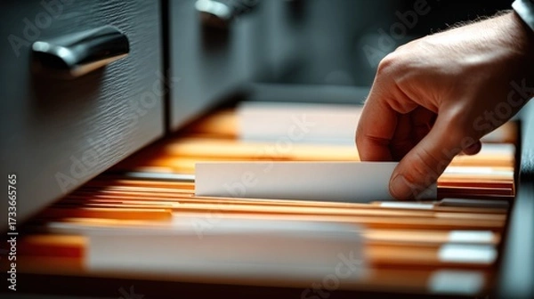 Fototapeta Hand Selecting File from Office Drawer with Assorted Folders