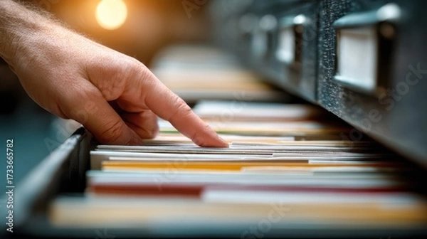 Fototapeta Hand Selecting File from Office Drawer with Assorted Folders