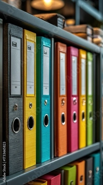 Fototapeta Colorful Binders with Empty Documents on Vertical Shelf in Modern Office