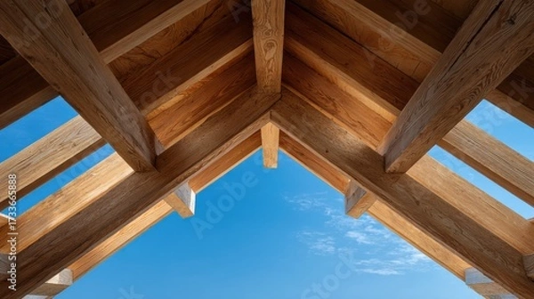 Fototapeta Triangular Wooden Roof Frame with Precise Carpentry Against Blue Sky