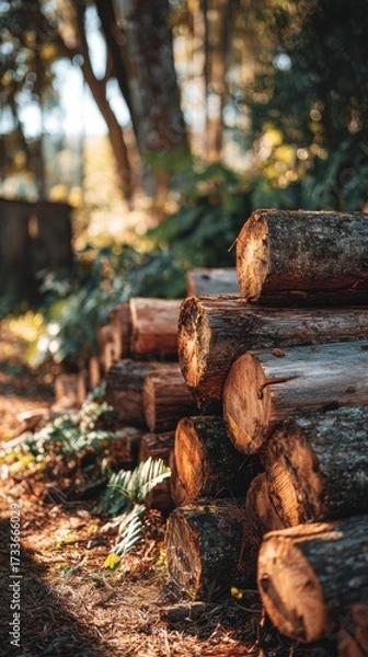 Fototapeta Pile of Timber in Rustic Woodland Setting for Lumber Construction