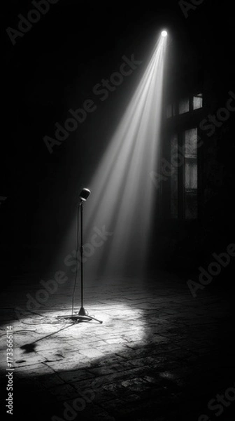 Fototapeta Minimalist Empty Stage with Microphone and Dramatic Shadows
