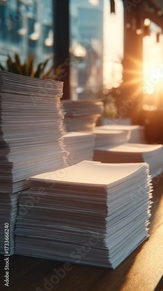 Fototapeta Stacks of Blank Papers in Sunlit Office with Corporate Atmosphere