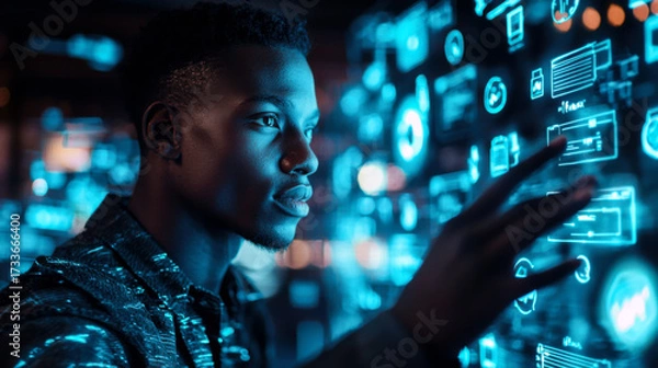 Fototapeta Young man showcases digital creativity with vibrant graphics in a dark studio setting