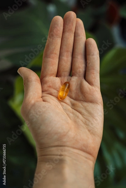 Fototapeta Single omega softgel in an open palm with green plant background. High quality photo