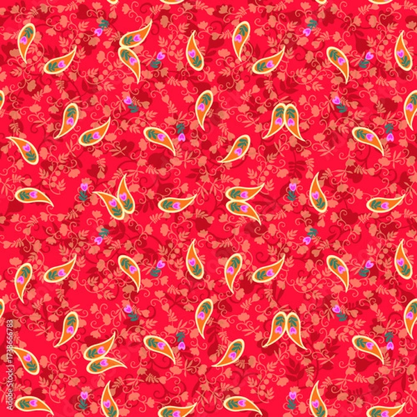 Fototapeta Festive seamless print for scarf, dress, fabric with intricate floral pattern, berries, leaves, paisley on shining scarlet background in vector. Indian, Chinese motifs.