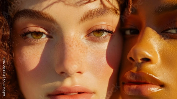 Fototapeta Two women with diverse skin tones sharing a close moment of connection and beauty in a natural setting under soft lighting