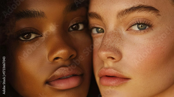 Fototapeta Two women with diverse skin tones sharing a close moment of connection and beauty in a natural setting under soft lighting