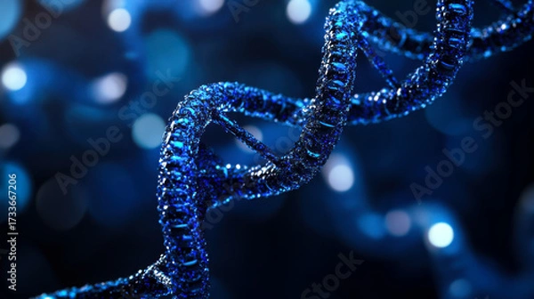 Fototapeta Detailed close-up of a DNA strand highlighting its structure and molecular features under dramatic lighting