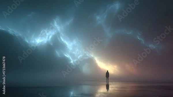 Fototapeta A softly blurred abstract figure is illuminated by vibrant, ethereal gradient lighting, conveying a cinematic and atmospheric mood.