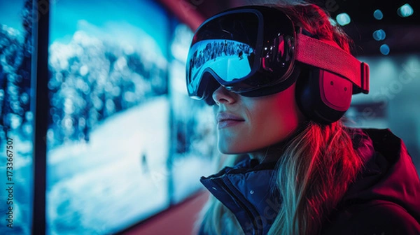 Fototapeta Ski enthusiast takes in virtual alpine views while wearing advanced goggles during an indoor experience in a winter sports venue