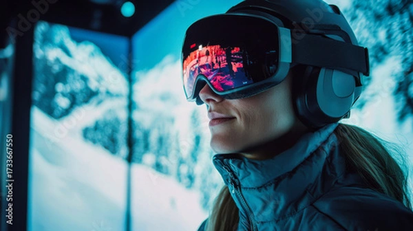 Fototapeta Ski enthusiast takes in virtual alpine views while wearing advanced goggles during an indoor experience in a winter sports venue