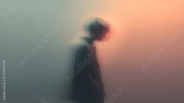 Fototapeta A softly blurred human silhouette rendered in a gentle blend of pastel colors, creating a tranquil and atmospheric visual.