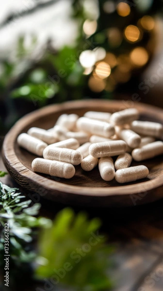 Fototapeta Natural supplements displayed on a wooden tray surrounded by greenery in a cozy indoor setting