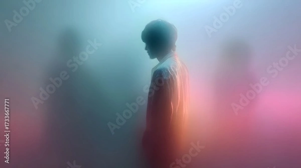Fototapeta A blurry human form rendered in gentle, soft pastel color tones, evoking a dreamy atmosphere.