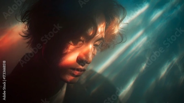 Fototapeta A person bathed in ethereal, cinematic light with soft prism refractions creating a hazy, dreamlike atmosphere.
